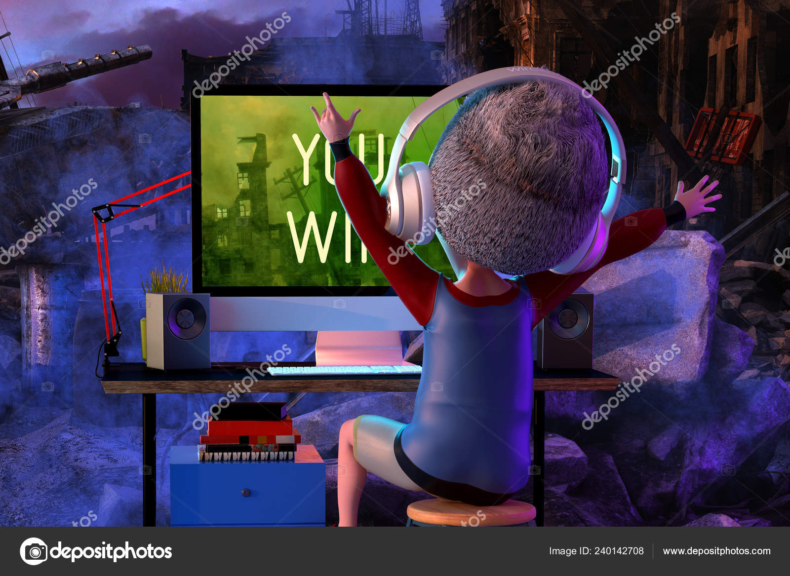 Menino feliz gamer imaginar ganhar batalha real enquanto joga videogame no  computador pc. Personagem de desenho animado infantil engraçado de menino  vestindo fones de ouvido. Conceito de jogo virtual. Renderização 3D fotos